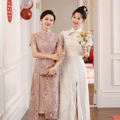 喜婆婆婚宴装旗袍2026春新款高贵年轻妈妈结婚礼服蕾丝连衣裙夏季