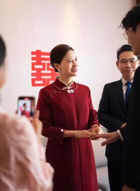 【韶华】妈妈婚宴礼服外套气质新款冬结婚喜婆婆红色大衣开衫旗袍