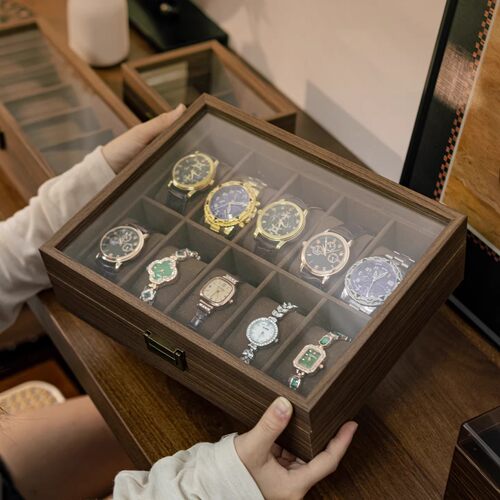 黑胡桃木纹手表收纳盒透明防尘