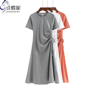 夏季新款纯棉修身显瘦抽绳圆领体恤打底短袖连衣裙纯色女装T恤