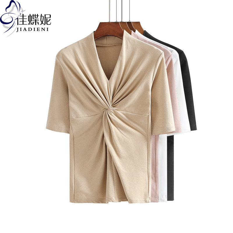 春秋季新款纯棉修身显瘦中袖体恤上衣打底衫女装内搭低V领半袖T恤