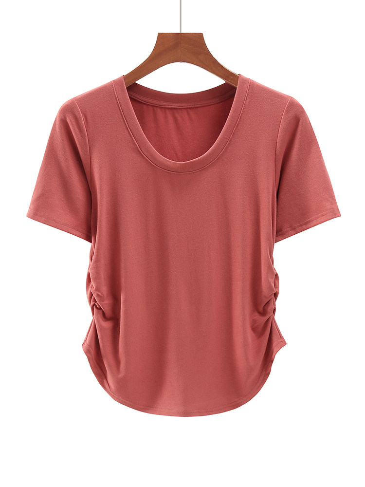 夏季新款韩版圆领修身纯棉圆弧纯欲褶皱短袖上衣内搭女打底衫t恤