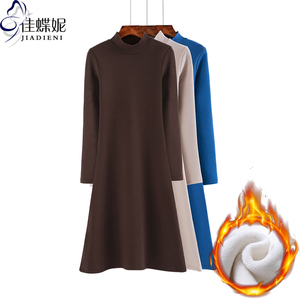 加绒加厚保暖加长款打底连衣裙长袖秋冬季半高领修身纯白体恤女