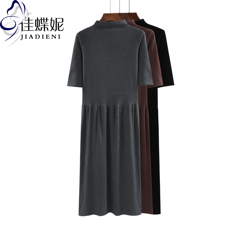 春秋季半高领中袖桔梗纯棉连衣裙