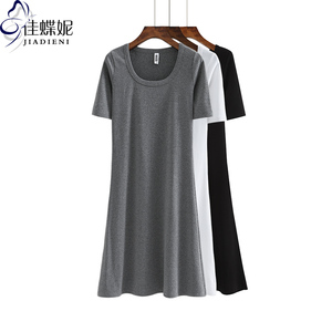 夏季新款韩版U领修身纯棉纯色A字中袖显瘦长款连衣裙内搭女打底