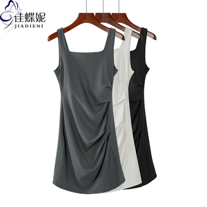 夏季新款韩版纯棉修身显瘦方领褶皱中长款纯色简约背心连衣裙女装