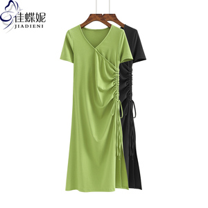 夏季牛油果绿V领修身显瘦短袖体恤抽绳连衣裙韩版女装T恤网红同款