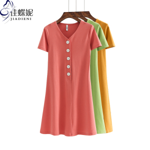 夏季新款纯棉修身显瘦V领中长款短袖女装韩版T恤网红同款扣连衣裙