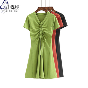 夏季纯棉V领修身抽绳显瘦打底短袖中长款连衣裙女装韩版T恤网红款