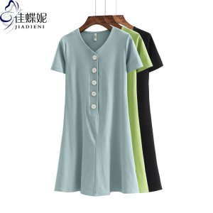 夏季新款韩版纯棉修身显瘦V领纽扣小心机中长款短袖体恤连衣裙女