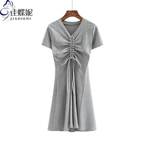 夏季纯棉V领修身抽绳显瘦打底短袖中长款连衣裙女装韩版T恤网红款