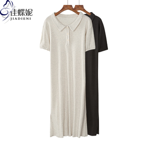 夏季新款韩版纯棉修身显瘦立领侧开叉短袖加长款连衣裙纯色女装