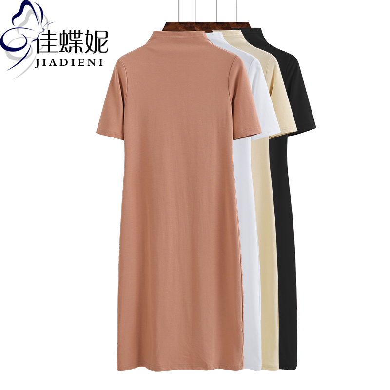 春秋新款韩版半高领纯棉长款短袖体恤修身显瘦纯色女装打底连衣裙