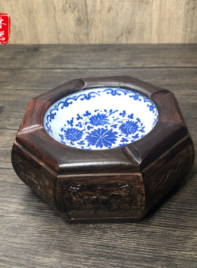 红木工艺木质装饰花梨木黑檀烟灰缸摆件青花瓷龙图案创意家用