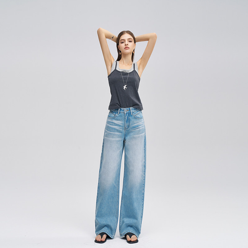 新款四季款全棉重磅压皱猫须水洗显高显瘦慵懒随性弯刀阔腿裤,女装/女士精品,牛仔裤,淘宝优惠券,粉丝福利购,淘宝优惠卷