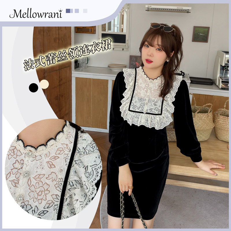 2022年秋季新款加大码女装小个子法式蕾丝领拼接金丝绒黑色连衣裙