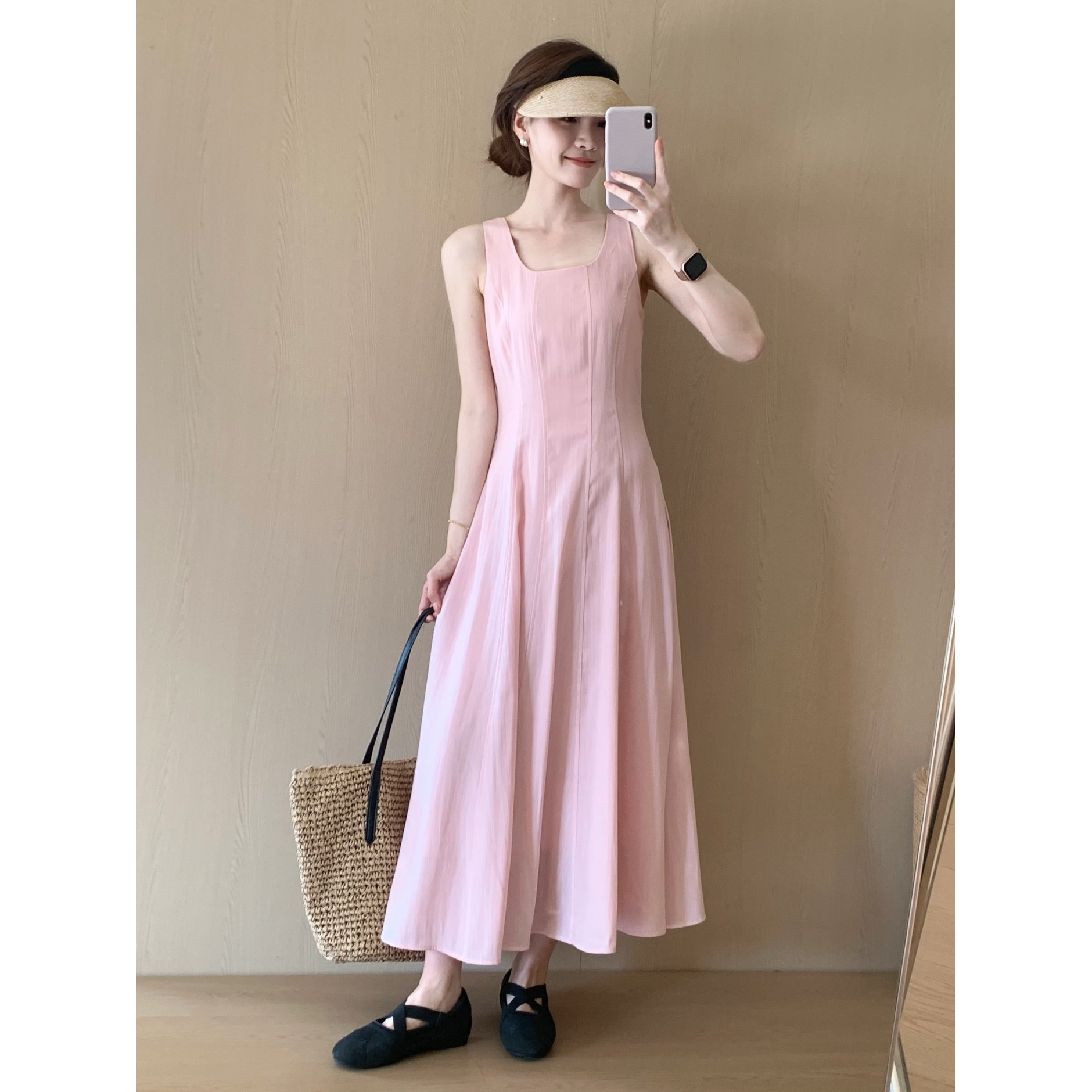 话里淑女温柔风无袖连衣裙2026夏季新款方领修身显瘦气质长裙优雅 - 实物图