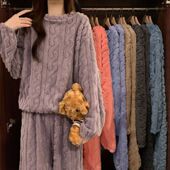 冬季 珊瑚绒家居服法兰绒加厚款 冬天大码 睡衣女秋冬款 加绒保暖套装