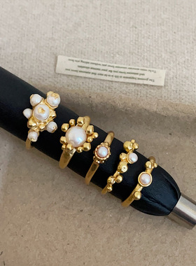 高级感珍珠花朵金色戒指女复古轻奢时尚潮流气质通勤百搭指环戒子