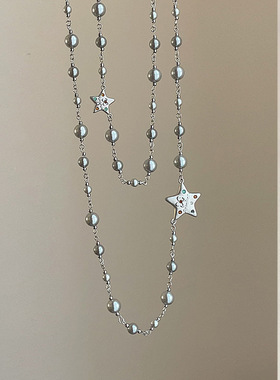 高级感灰色珍珠五角星长款毛衣链女轻奢复古时尚潮流气质百搭项链