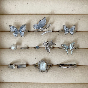 度假风简约水晶珍珠蝴蝶结开口戒指女个性独特精致时尚百搭指环