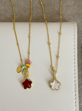 设计感红色滴油贝母双面花朵吊坠项链女个性精致时尚颈链毛衣链