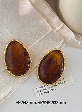 欧美夸张咖色树脂大水滴耳钉女时尚潮流金色镶边耳环轻奢优雅耳饰