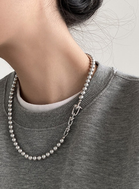 高级感灰色珍珠金属链条项链女小众复古个性简约百搭颈链锁骨链