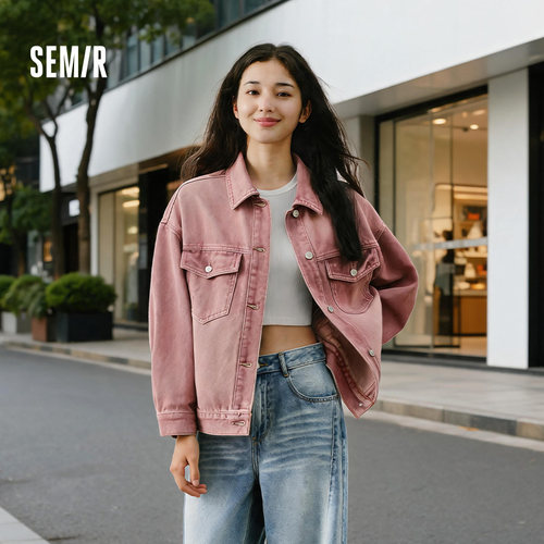 森马美式翻领落肩做旧牛仔外套女