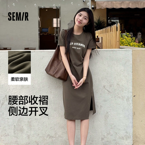森马复古连衣裙肌理双面布开叉