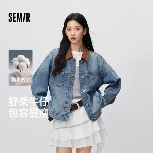 森马牛仔外套女秋翻领做旧宽松落肩衣服2026新款街头复古时尚夹克