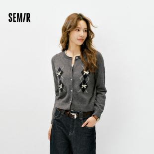 甜美少女感毛衫 森马针织开衫 蝴蝶结菱格假两件2025新款 短款 女冬季