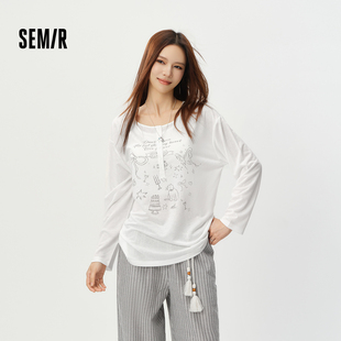 森马长袖 oversize印花2026新款 慵懒甜美少女感罩衫 T恤女夏中长款