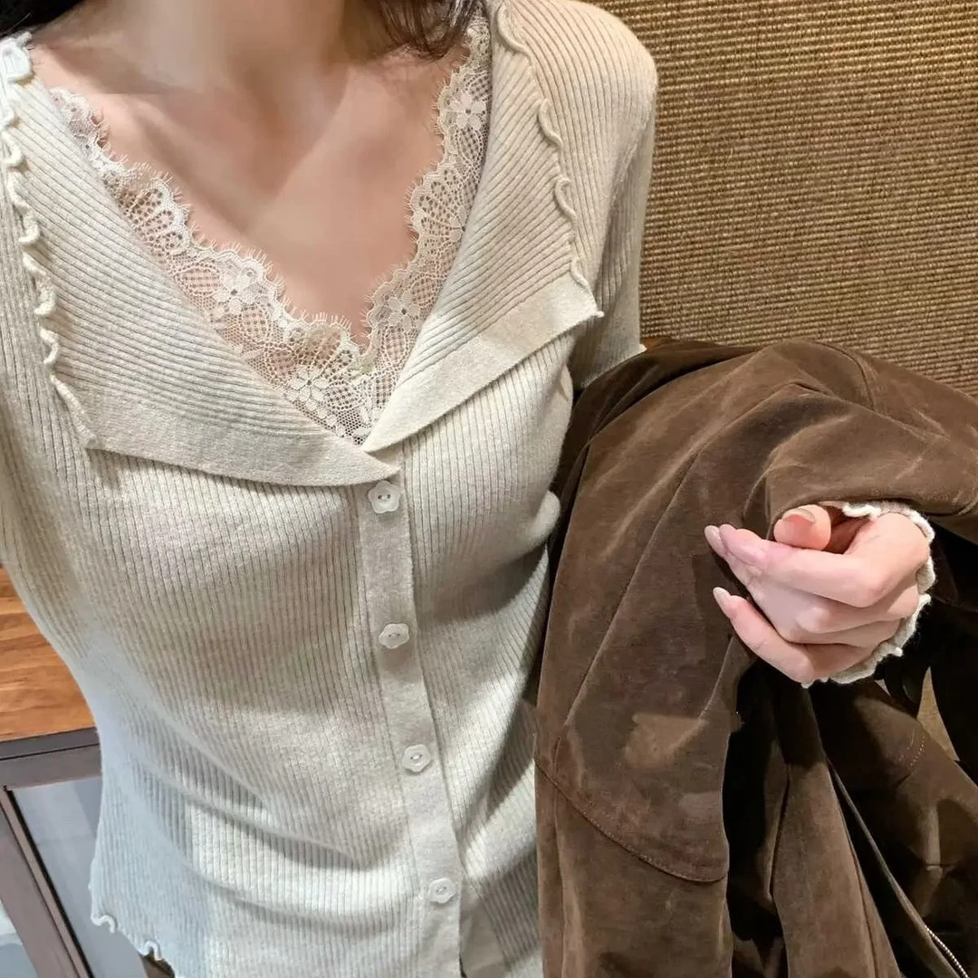 韩版毛针织衫纯色打底衫针织开衫套头款女蕾丝显瘦气质时尚A10201