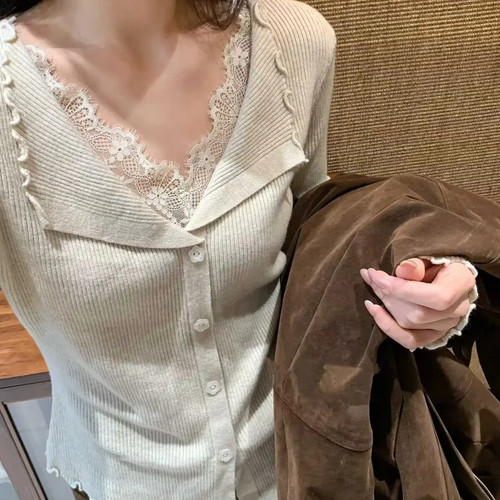 韩版毛针织衫纯色打底衫针织开衫套头款女蕾丝显瘦气质时尚A10201