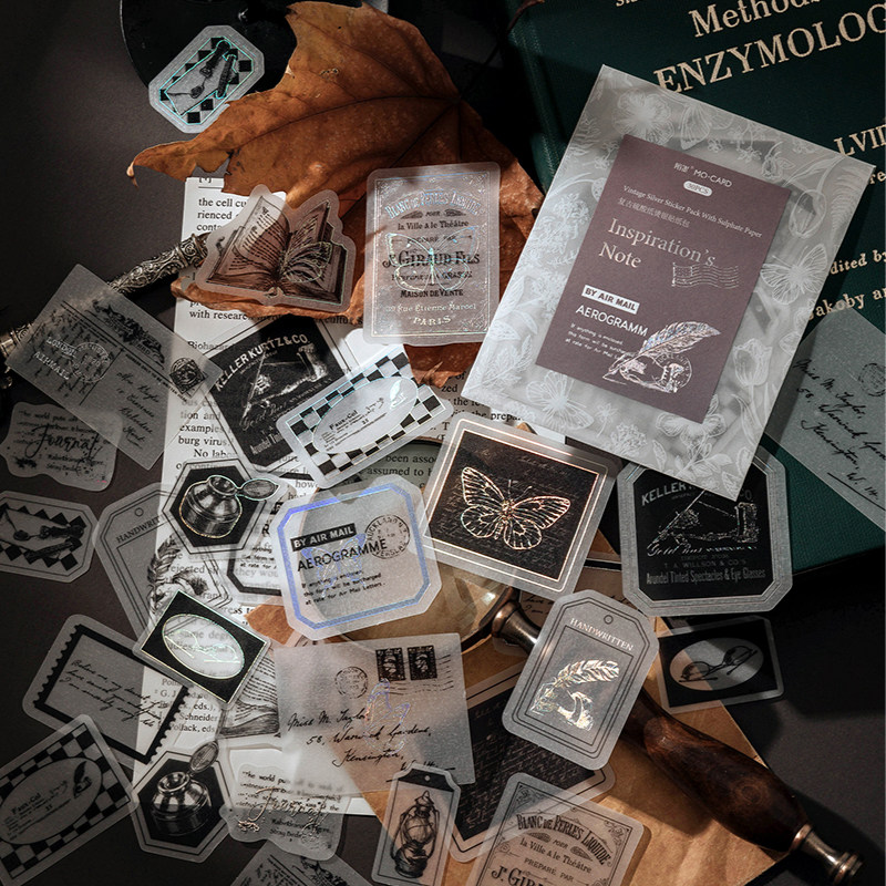 回忆藏匿手帐贴纸包烫银硫酸简约黑白复古文艺手账素材装饰贴画