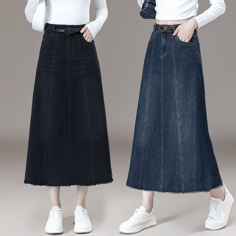 高级感牛仔半身裙女秋冬季新款宽松显瘦遮胯a字毛边大摆休闲裙子