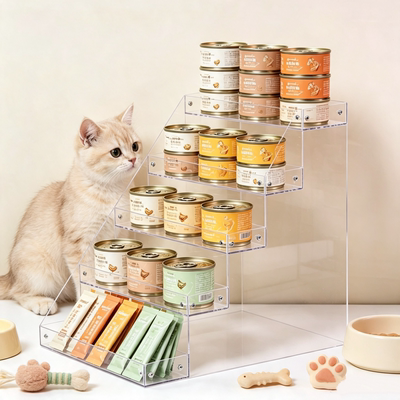 猫咪餐包展示架透明阶梯式罐头宠物用品置物架子宠物零食收纳架子