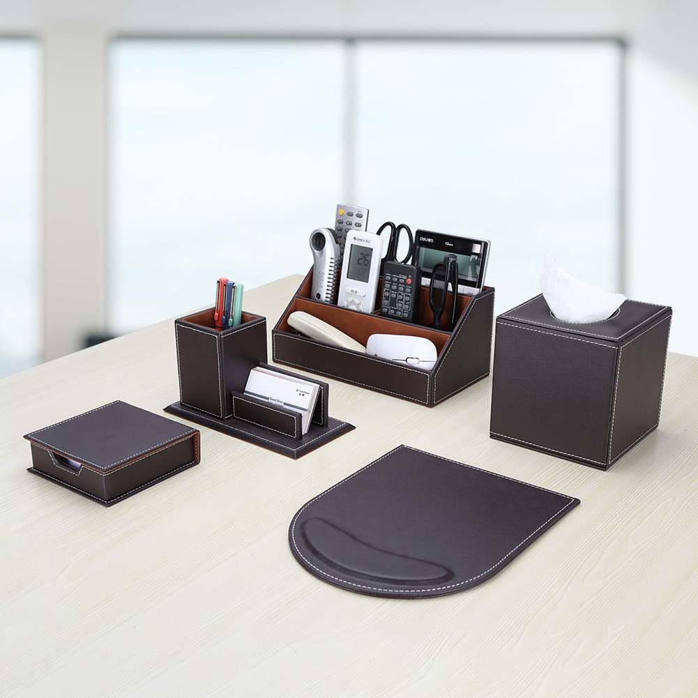 仿皮革商务办公用品套装创意组合多功能笔筒文具用品收纳盒T50_虎窝淘
