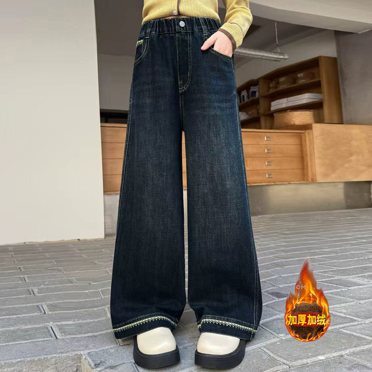 女童牛仔加绒加厚裤子新款款儿童洋气一体绒中大童秋季直筒阔腿潮