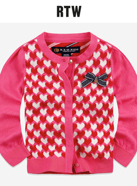 rtw开衫毛衣女童2025年春季圆领长袖粉色休闲棉线开襟钩花71147