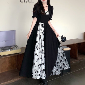 大码赫本风玫瑰花网纱拼接脚踝长裙子夏季甜酷风黑暗系公主连衣裙