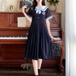 夏季日系甜美jk水手制服百褶裙子大码萝莉少女海军领学院风连衣裙