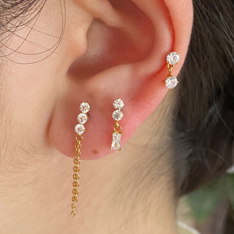 迷你精致微镶超闪锆石小吊坠链条流苏钛合金穿刺耳钉防过敏耳骨钉