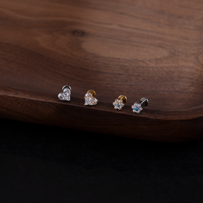 植入级医用钛合金微镶锆爱心雏菊花耳钉防过敏穿刺饰品唇钉小耳钉