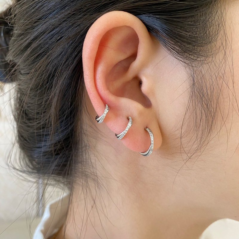 钛钢微镶闪钻交叉大小圈圈耳扣耳廓耳骨圈耳边小耳环耳垂满钻耳圈