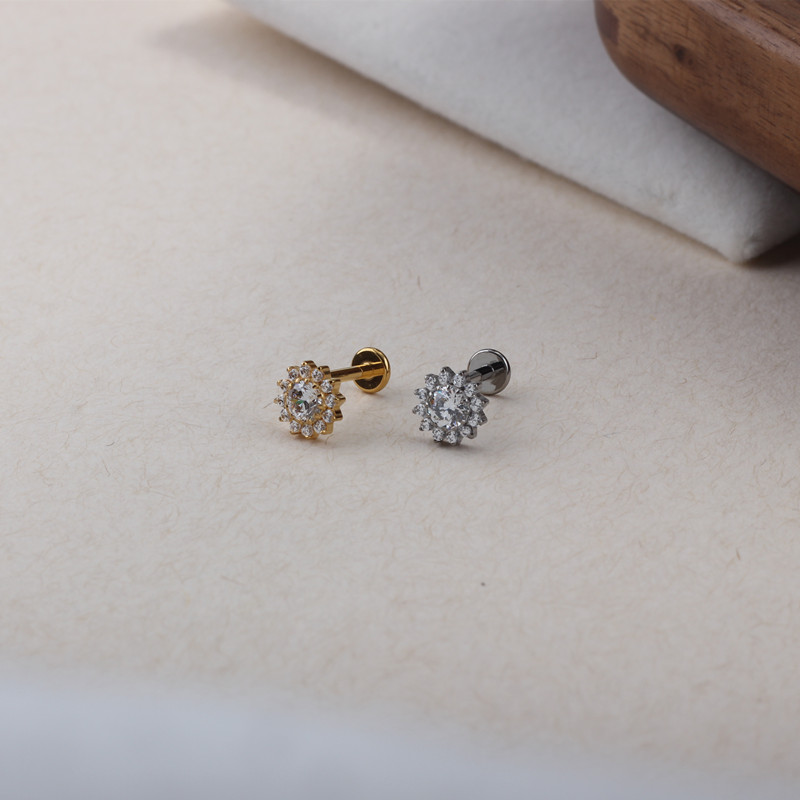 植入级医用钛合金微镶满锆石太阳花穿刺唇钉养耳洞防过敏耳垂耳钉