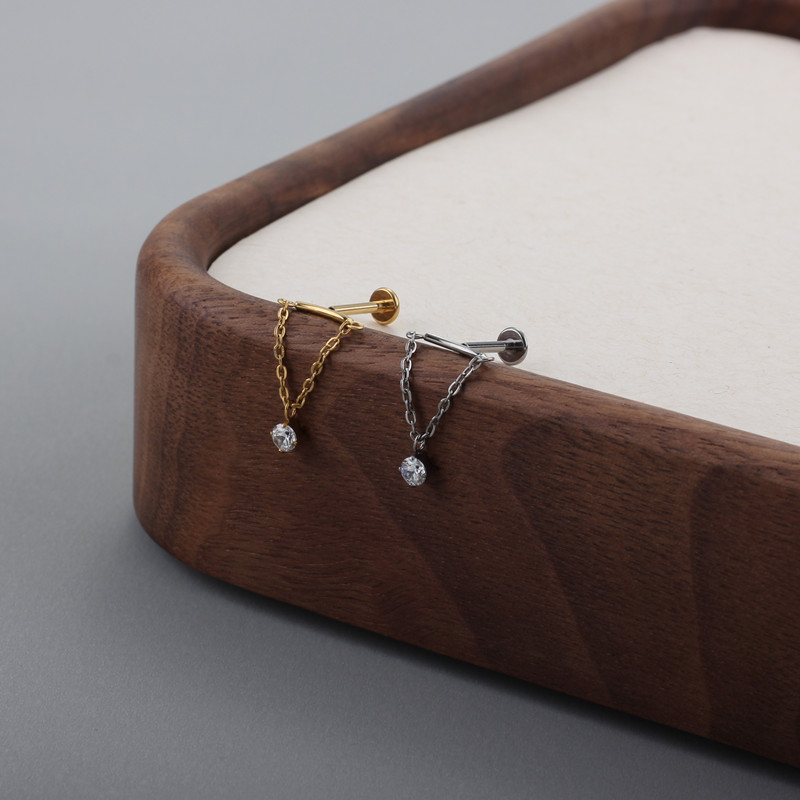 植入级医用钛合金链条流苏钻石吊坠平底耳廓边钉耳骨钉穿刺小耳钉