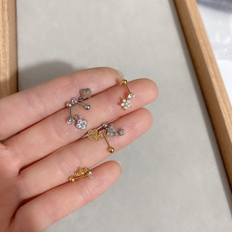 微镶满钻五瓣花吊坠耳钉钛钢针免