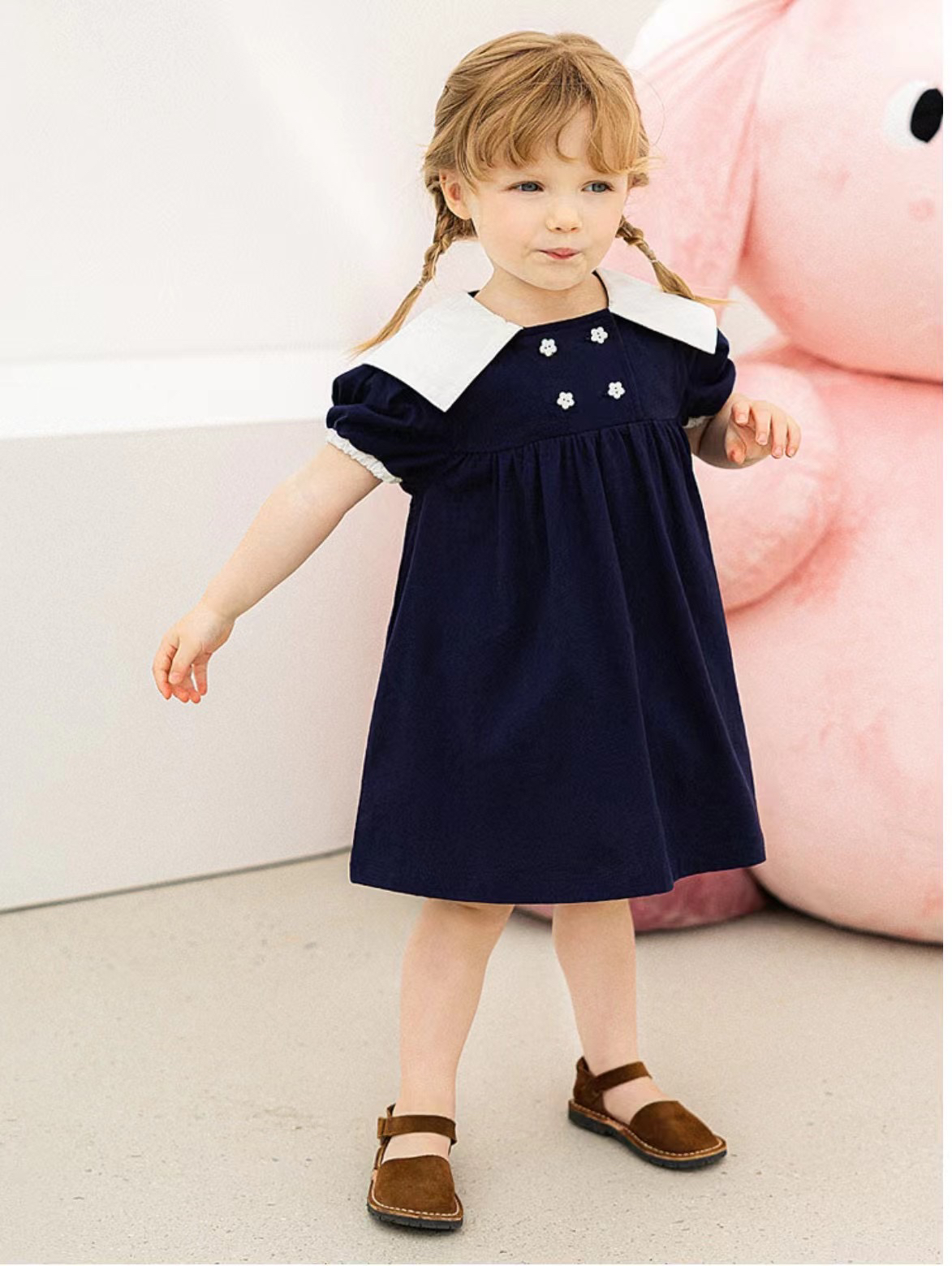 夏季 女孩洋气公主裙 蓝学院风泡泡袖宽松连衣裙